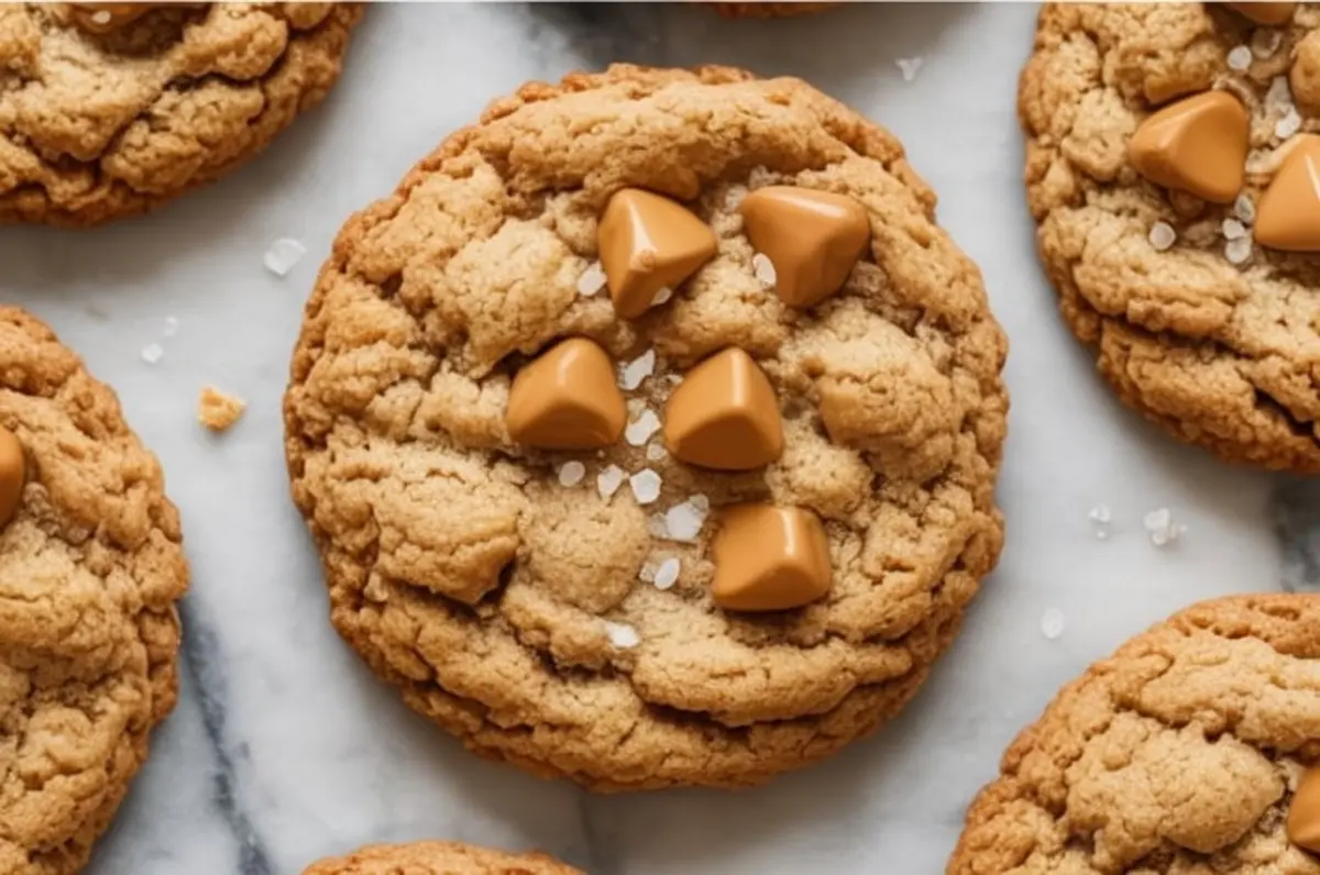 Golden brown oatmeal butterscotch cookie topped with five pyramid-shaped butterscotch chips and sprinkled with flaky sea salt, displayed on a marble surface.