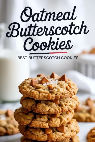 A tall stack of oatmeal butterscotch cookies topped with large butterscotch chips and sea salt flakes, with a glass of milk in the background.