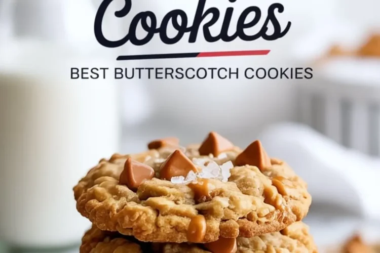 A tall stack of oatmeal butterscotch cookies topped with large butterscotch chips and sea salt flakes, with a glass of milk in the background.
