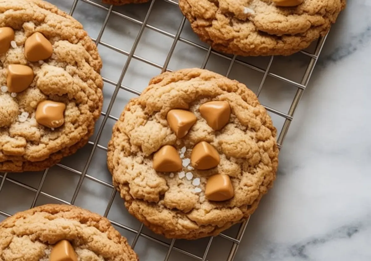 Close-up of soft oatmeal butterscotch cookies cooling on a wire rack, decorated with pyramid-shaped butterscotch chips and sea salt.
