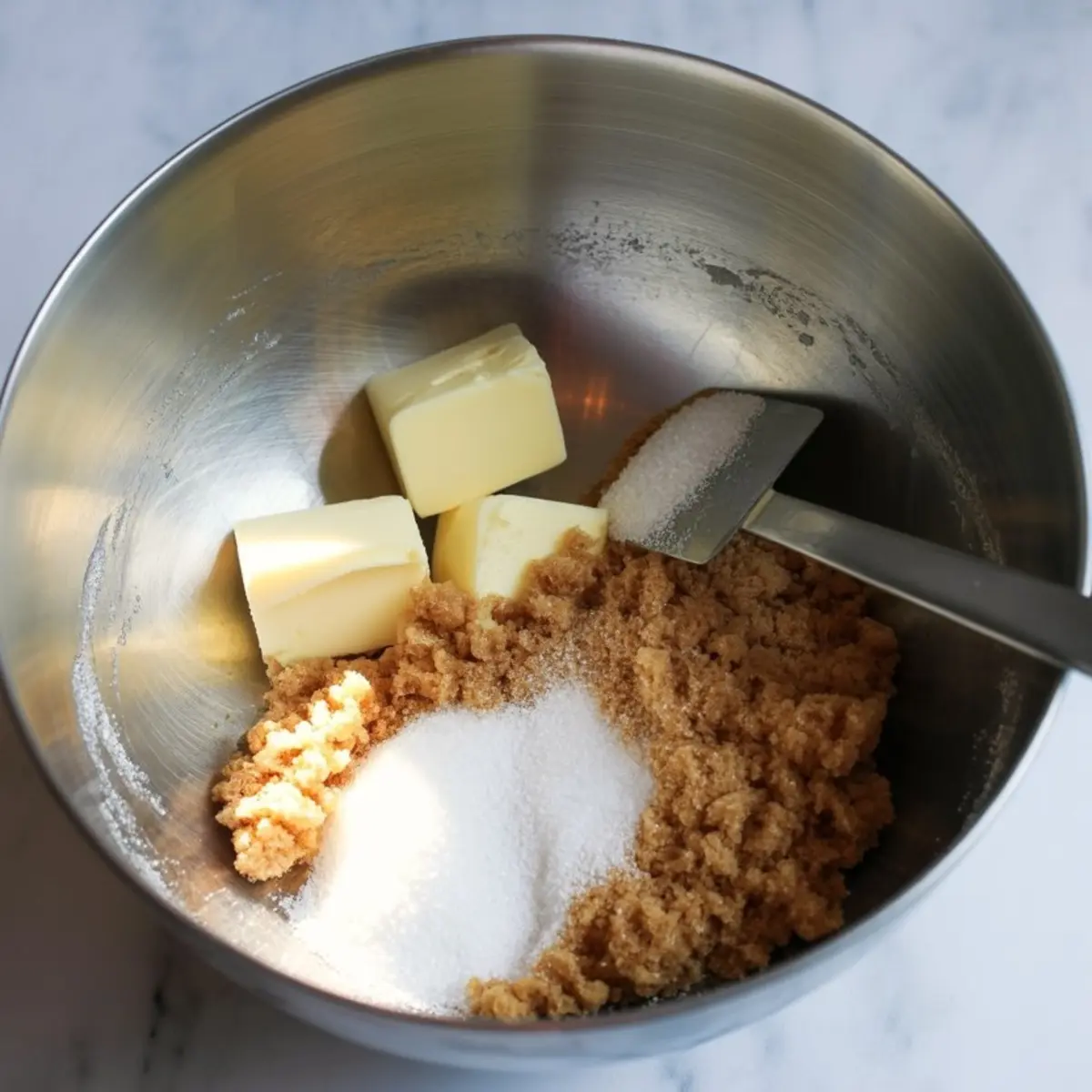 Butter, granulated sugar, and brown sugar placed in a metal mixing bowl, ready to be creamed together for cookie dough.
