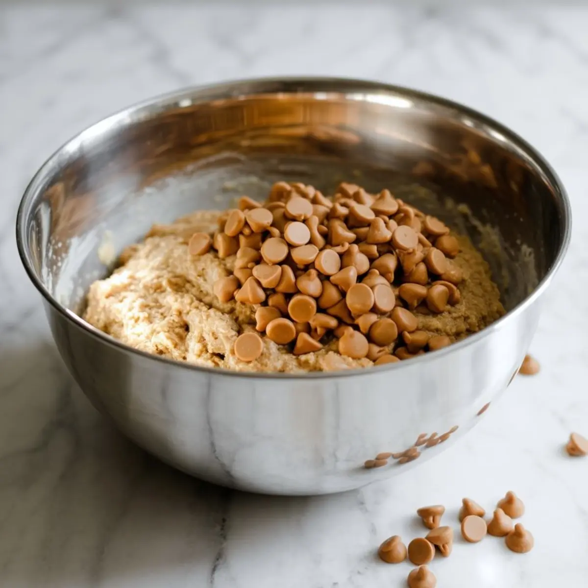 Oatmeal cookie dough mixed with a generous amount of butterscotch chips in a stainless steel bowl, some chips scattered on the marble countertop.
