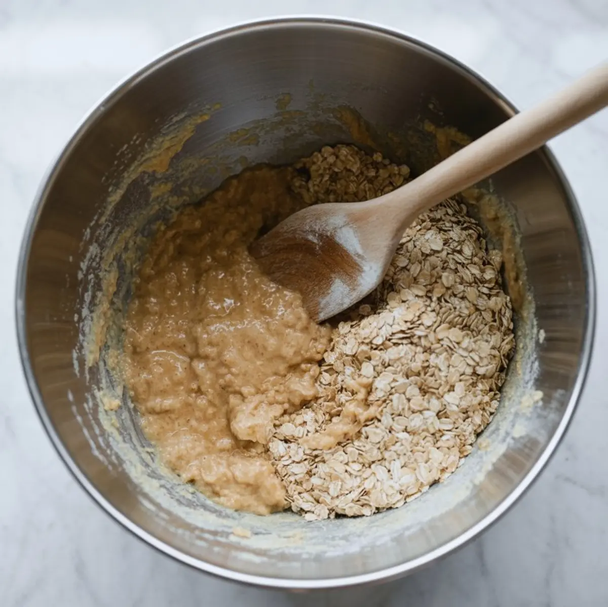 Scooped oatmeal butterscotch cookie dough balls placed in even rows on a parchment-lined baking sheet, ready to be baked.
