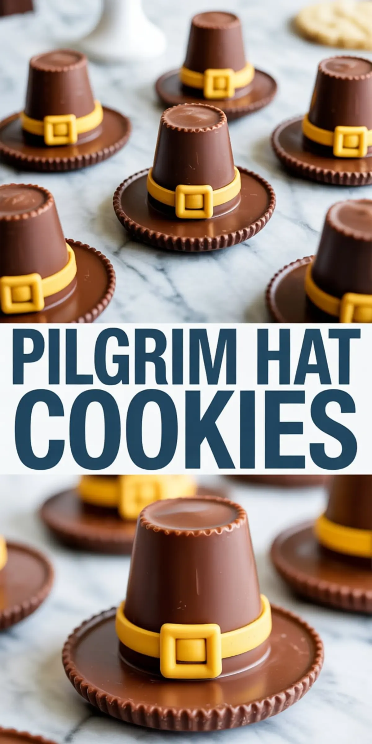 Chocolate pilgrim hat cookies made from peanut butter cups and fudge-striped cookies, decorated with yellow fondant buckle bands on a marble surface.