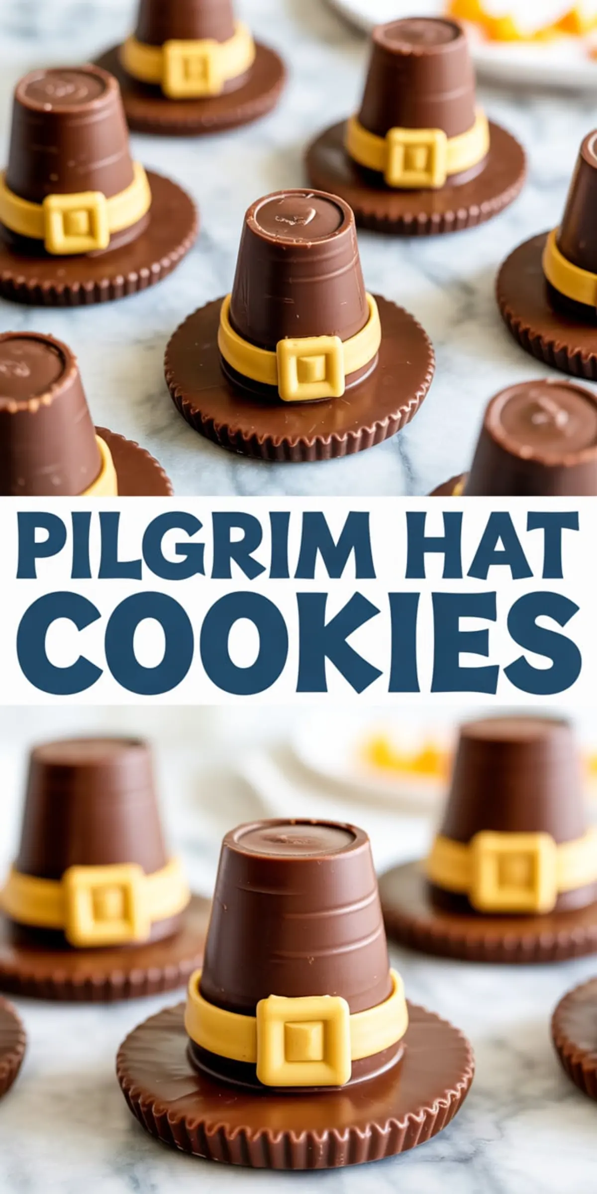Thanksgiving-themed pilgrim hat cookies crafted with chocolate peanut butter cups and fudge-striped cookie bases, finished with yellow fondant bands and buckles.