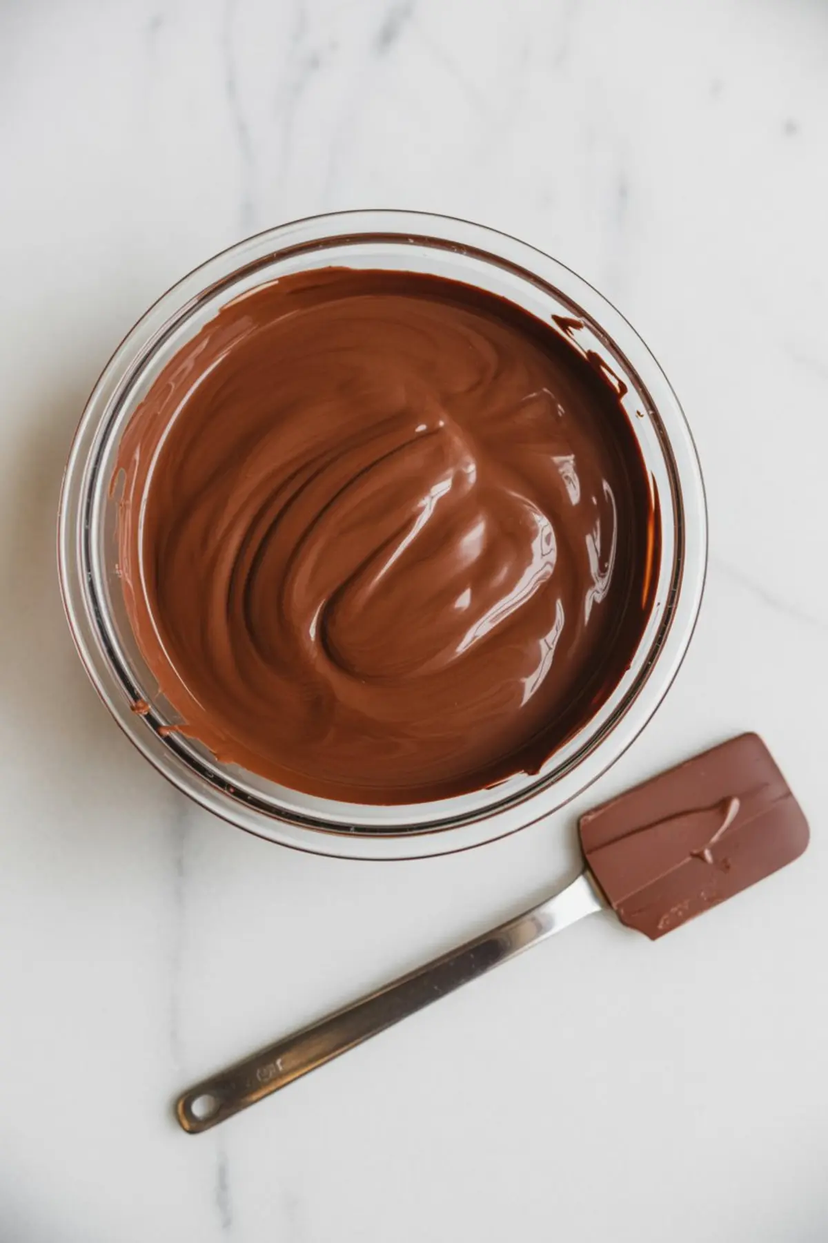 Smooth melted milk chocolate in a glass bowl with a metal spatula on a white marble countertop.