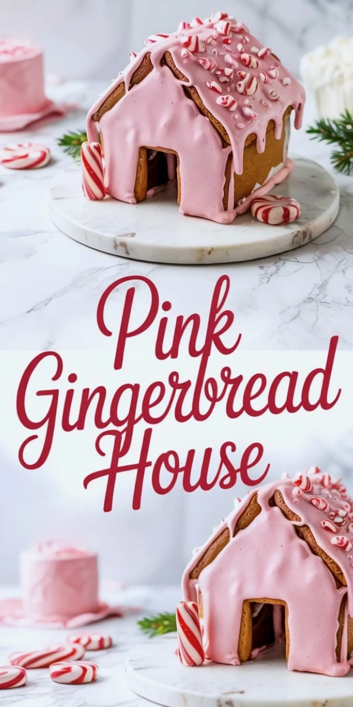 Pink gingerbread house decorated with peppermint candies and glossy pink icing, displayed on a white marble surface with festive treats and greenery in the background.