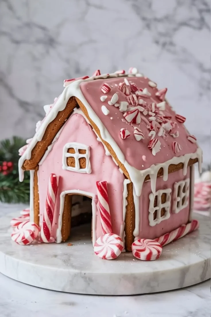Assembled pink gingerbread house with white icing details, peppermint sticks for columns, and crushed peppermint candy topping, placed on a round marble board with holiday greenery.