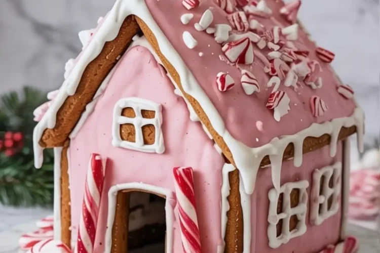 Assembled pink gingerbread house with white icing details, peppermint sticks for columns, and crushed peppermint candy topping, placed on a round marble board with holiday greenery.