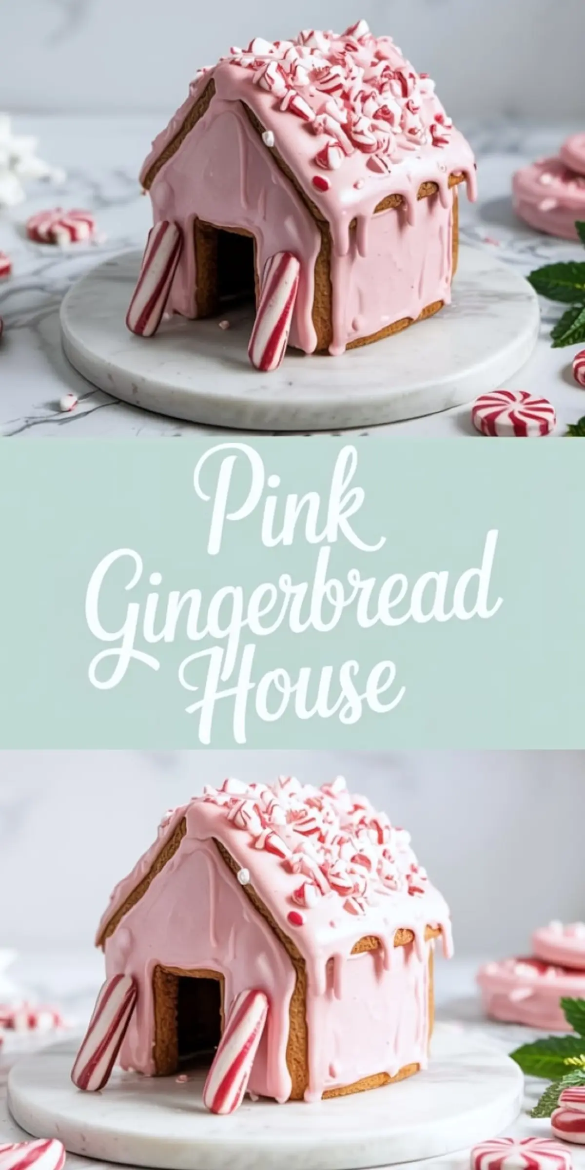 Pink gingerbread house decorated with crushed peppermint candy and striped candy canes, featuring thick pink icing and a clean marble base, styled for holiday baking inspiration.