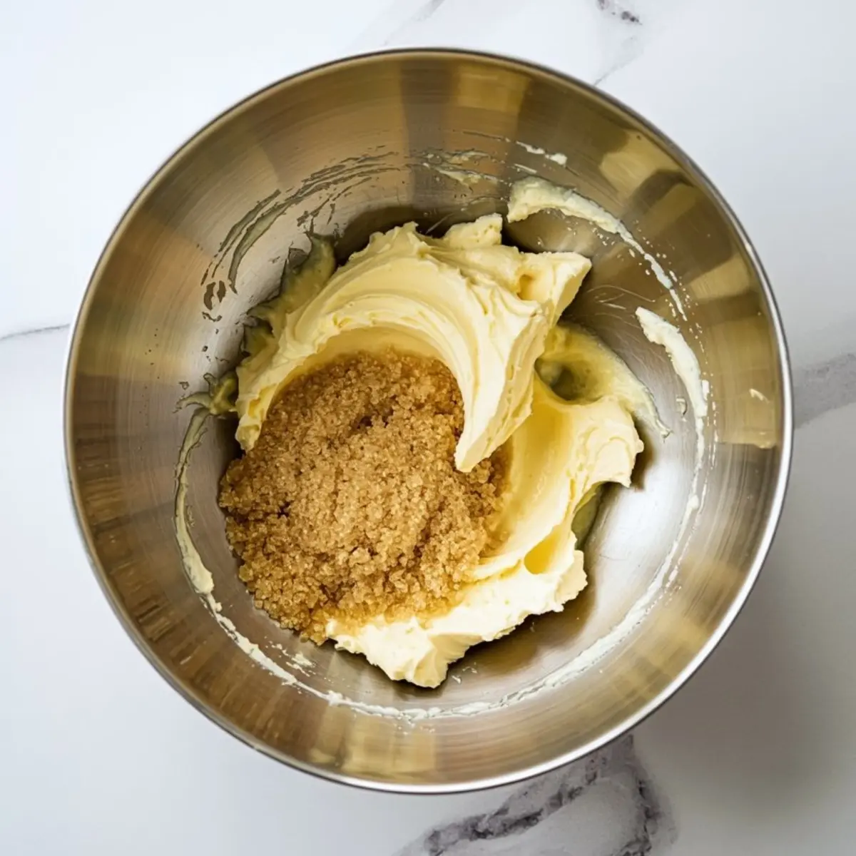 Metal mixing bowl with softened butter and packed brown sugar ready for creaming, on a clean marble surface.