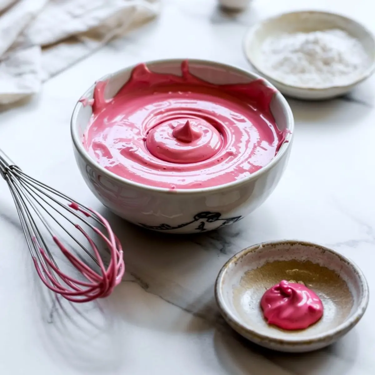 Bowl of smooth pink royal icing with a piping consistency, accompanied by a small dish of extra icing and a whisk coated in pink frosting, set on a marble surface.