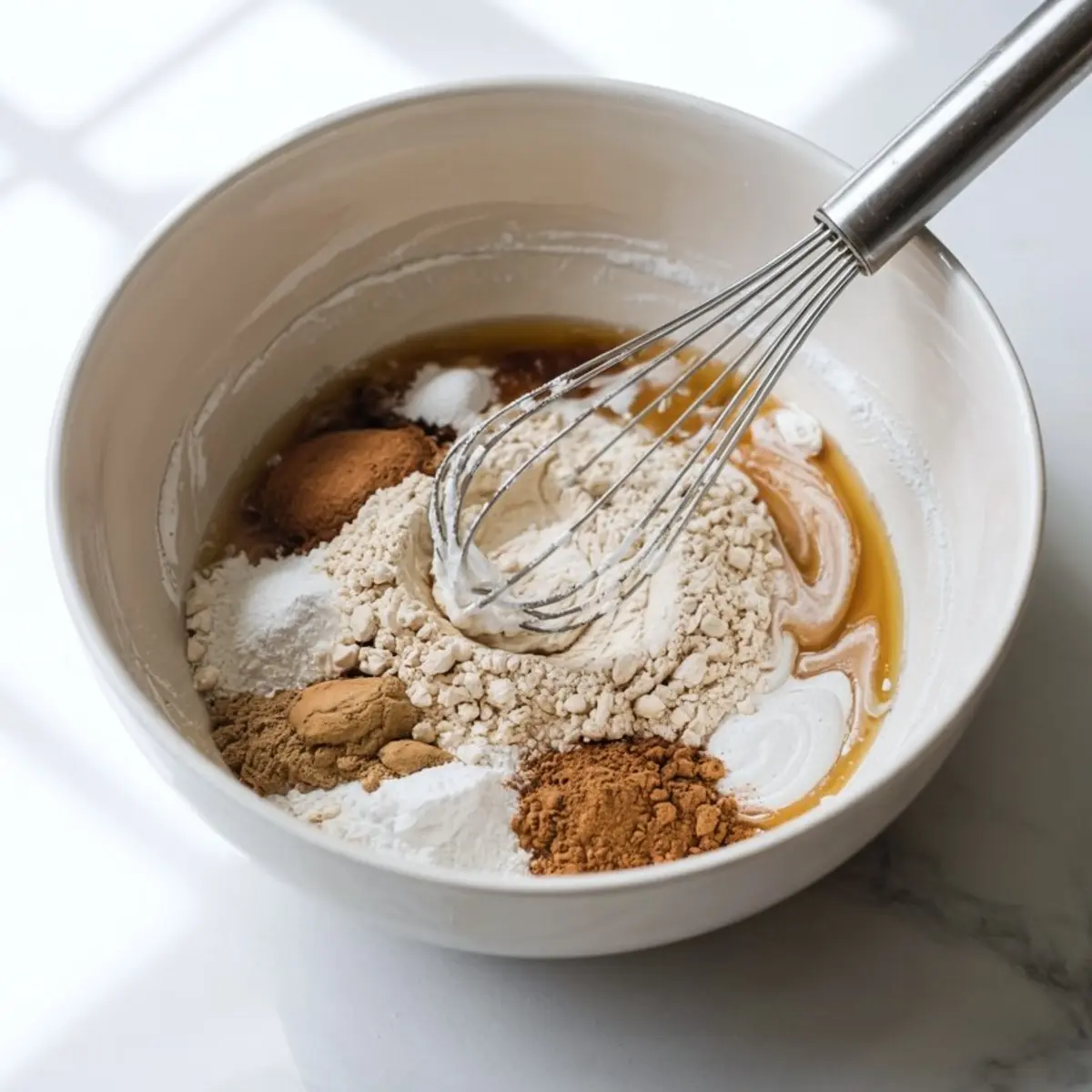 Overhead view of a mixing bowl filled with flour, baking soda, spices, and molasses, with a metal whisk resting inside, on a bright marble countertop.