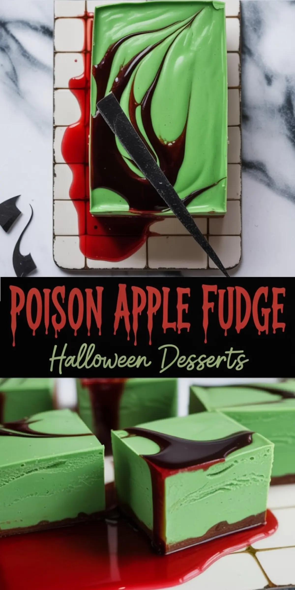 Green poison apple fudge slab with glossy dark chocolate swirl and dripping red sauce, styled with jagged paper cutouts and paired with thick square fudge pieces on a tiled surface. Bold Halloween dessert with layered texture and dramatic color contrast.
