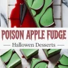 Rectangular slab of green poison apple fudge with dark chocolate swirl and knife props on a tiled surface with red syrup, alongside square-cut fudge pieces arranged on parchment with clean green layers and decorative dark swirl. Festive Halloween candy idea with bold presentation.