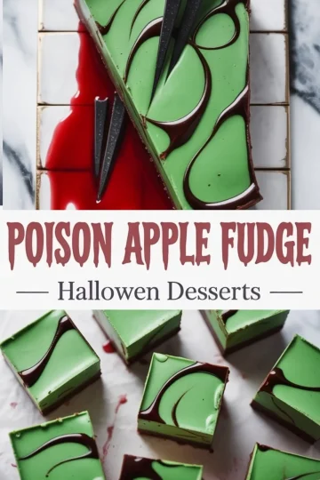 Rectangular slab of green poison apple fudge with dark chocolate swirl and knife props on a tiled surface with red syrup, alongside square-cut fudge pieces arranged on parchment with clean green layers and decorative dark swirl. Festive Halloween candy idea with bold presentation.