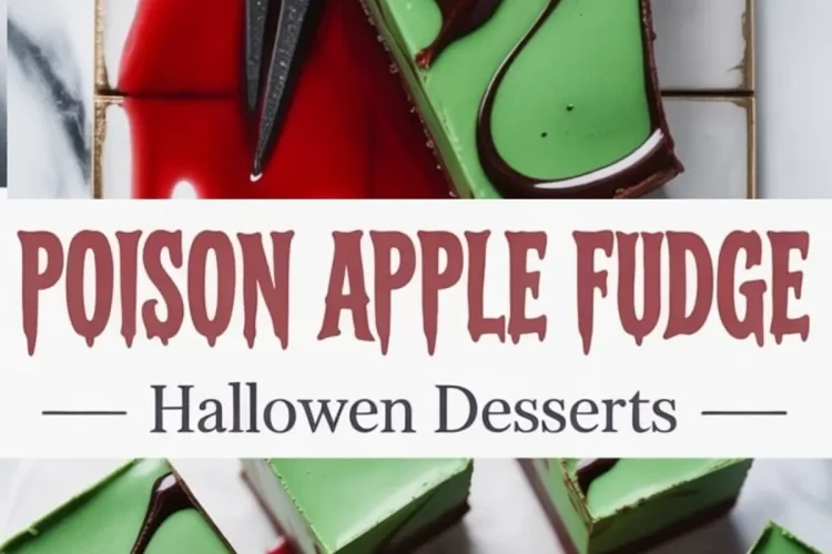 Rectangular slab of green poison apple fudge with dark chocolate swirl and knife props on a tiled surface with red syrup, alongside square-cut fudge pieces arranged on parchment with clean green layers and decorative dark swirl. Festive Halloween candy idea with bold presentation.