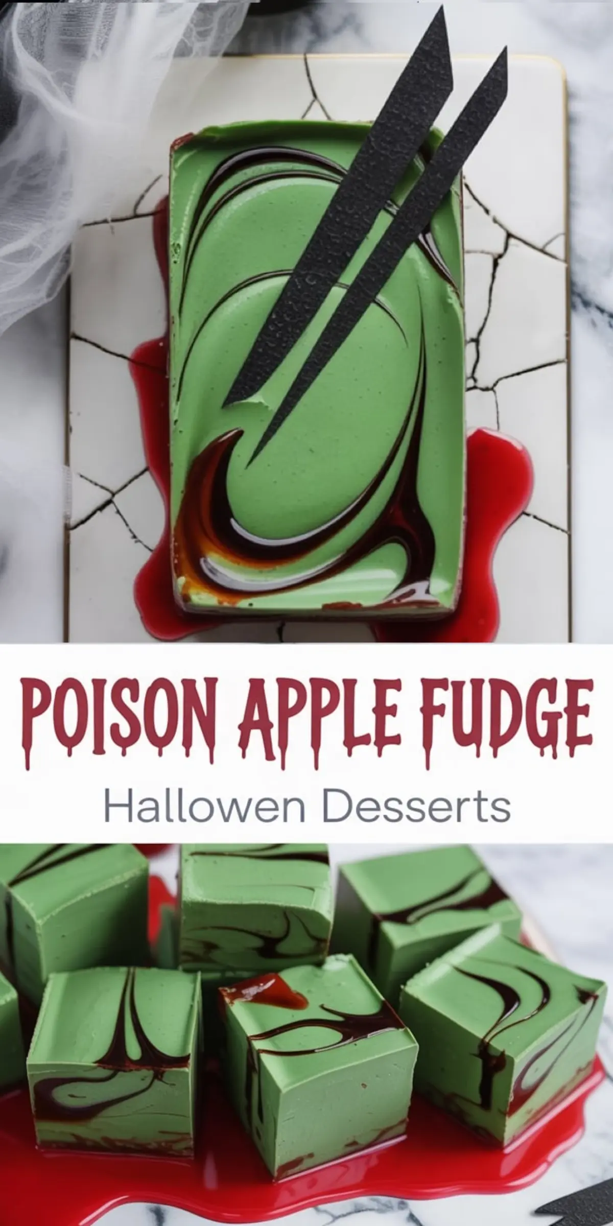 Green poison apple fudge slab with dramatic black swirl pattern on a cracked white tile and red syrup drip, paired with neatly cut fudge squares on marble with a glossy chocolate swirl and red sauce accent. Halloween treat with spooky styling and bold color contrast.
