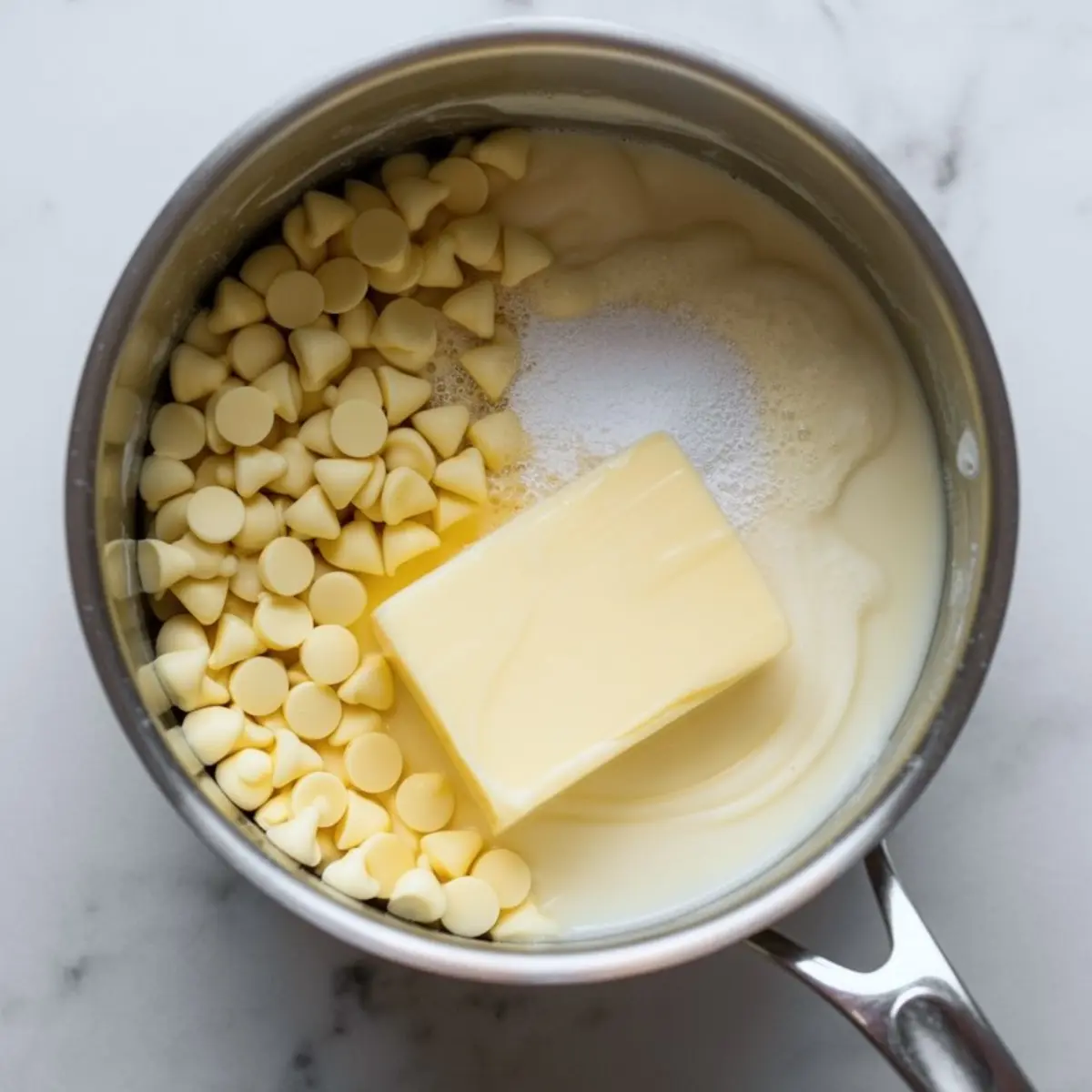 Stainless steel saucepan filled with white chocolate chips, a stick of butter, sweetened condensed milk, and granulated sugar on a white marble background. Step-by-step preparation for homemade fudge base.
