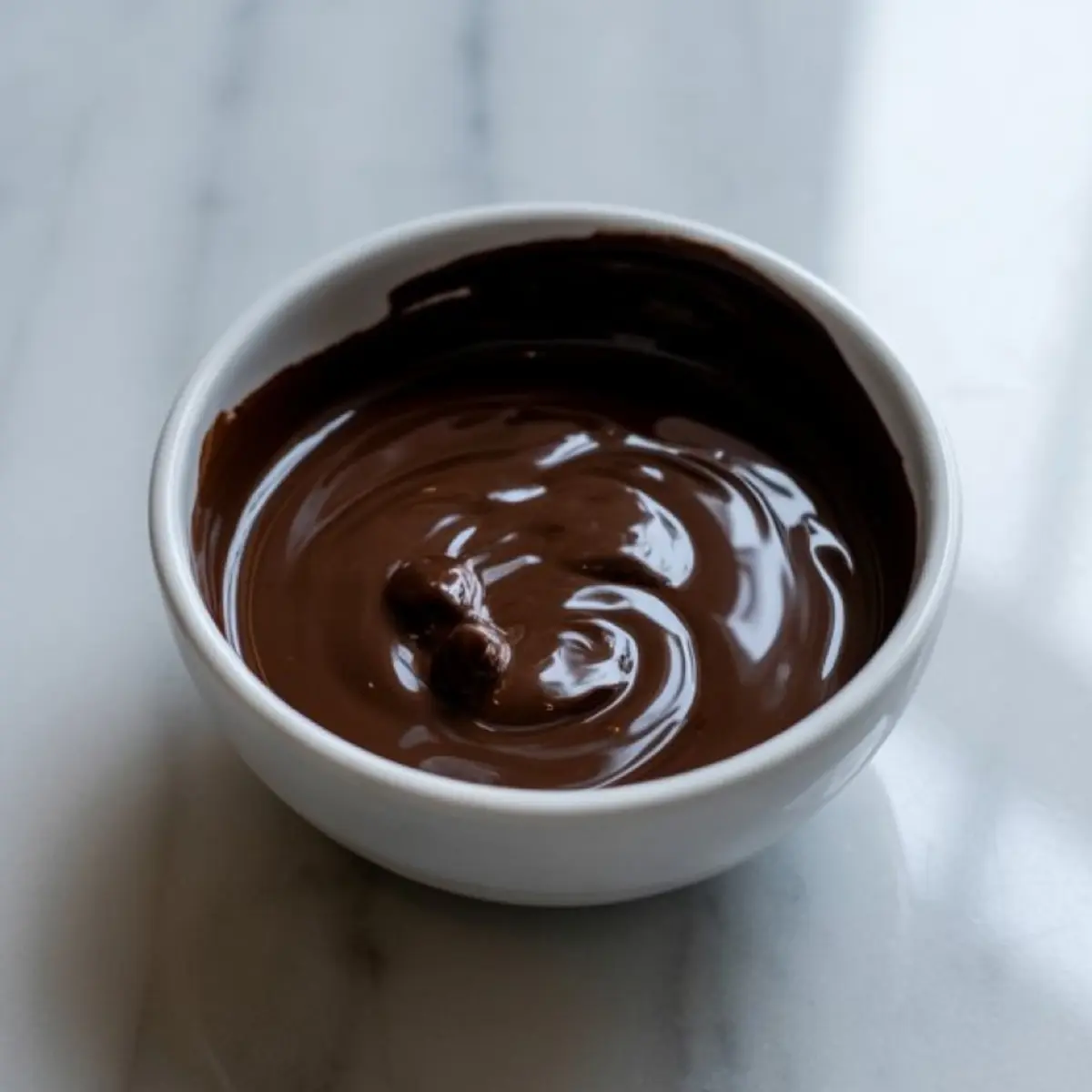 Small white bowl filled with smooth, melted dark chocolate on a marble surface. Rich chocolate drizzle used for decorating poison apple fudge.
