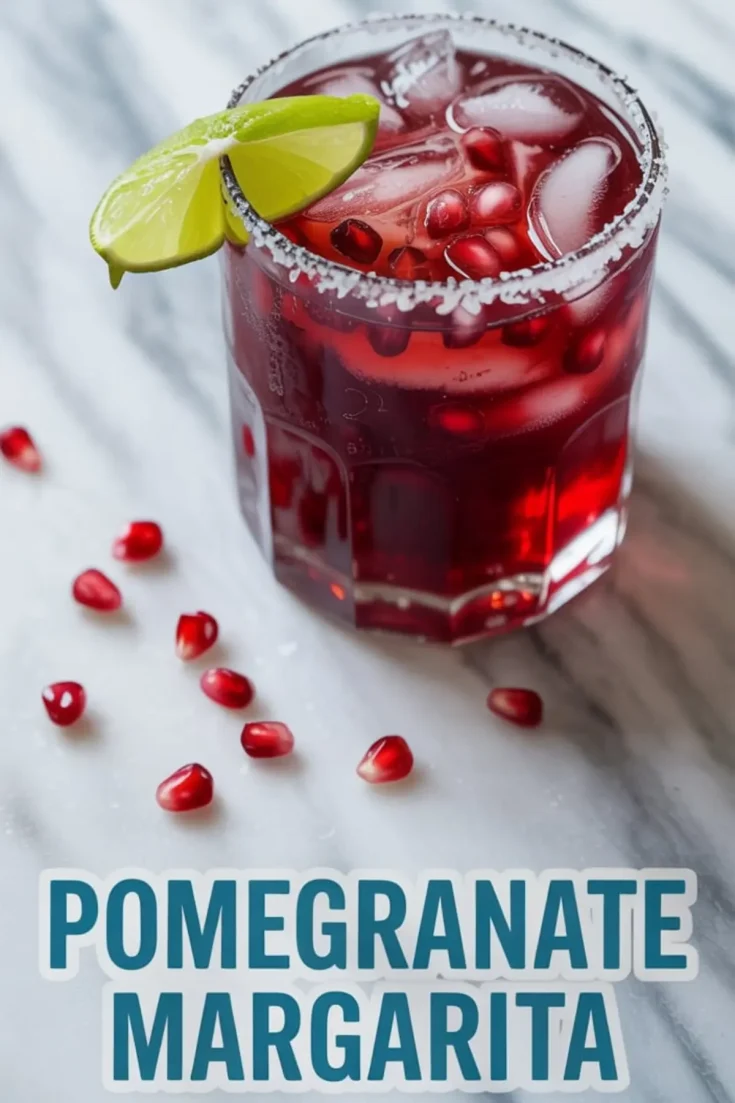 Pomegranate margarita served in a faceted glass with a salted rim, garnished with a lime wedge and filled with ice and pomegranate seeds, placed on a marble surface with scattered arils.