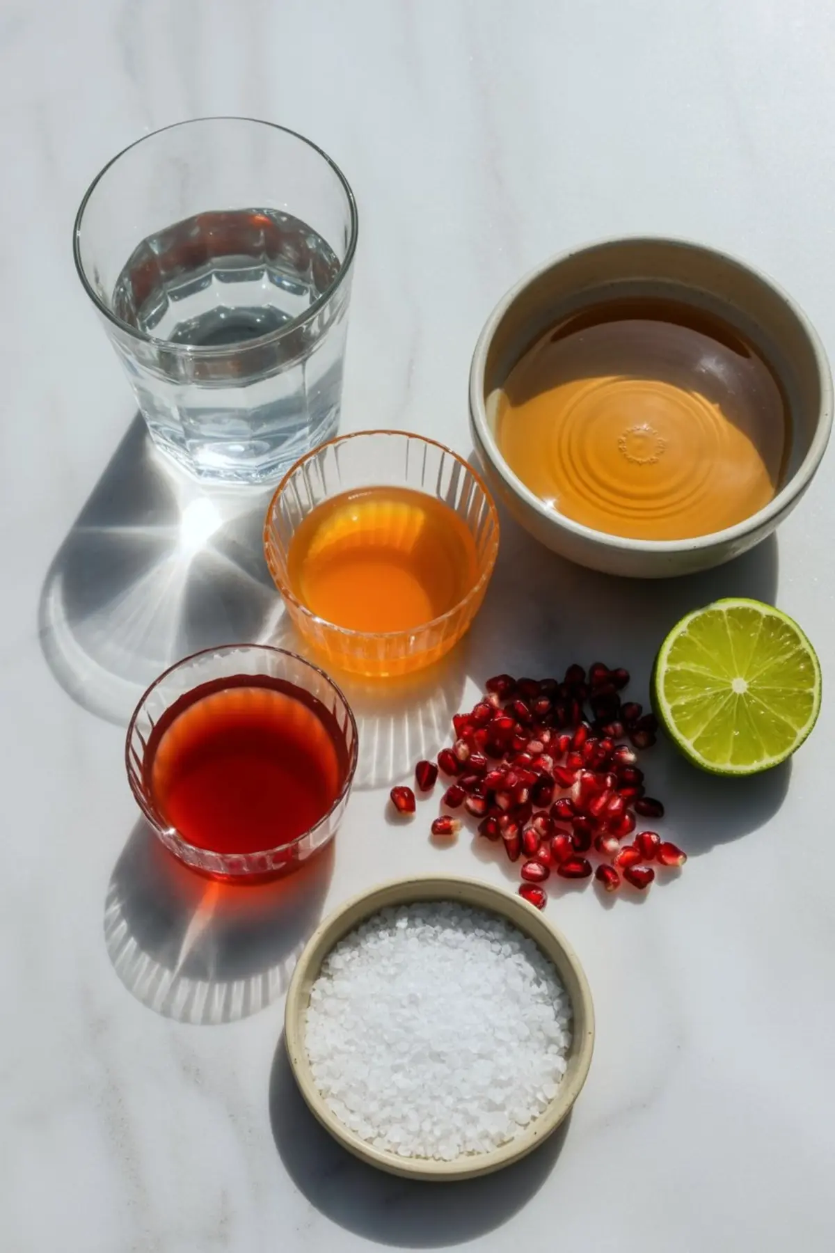 Empty cocktail glass with a salted rim placed beside lime wedges on a small white plate over a marble surface, ready for margarita preparation.