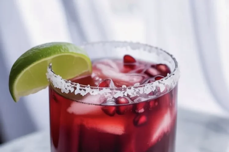 Bright red pomegranate margarita in a short glass with coarse salt rim, ice cubes, and floating pomegranate seeds, garnished with a fresh lime wedge and set against a soft curtain backdrop.