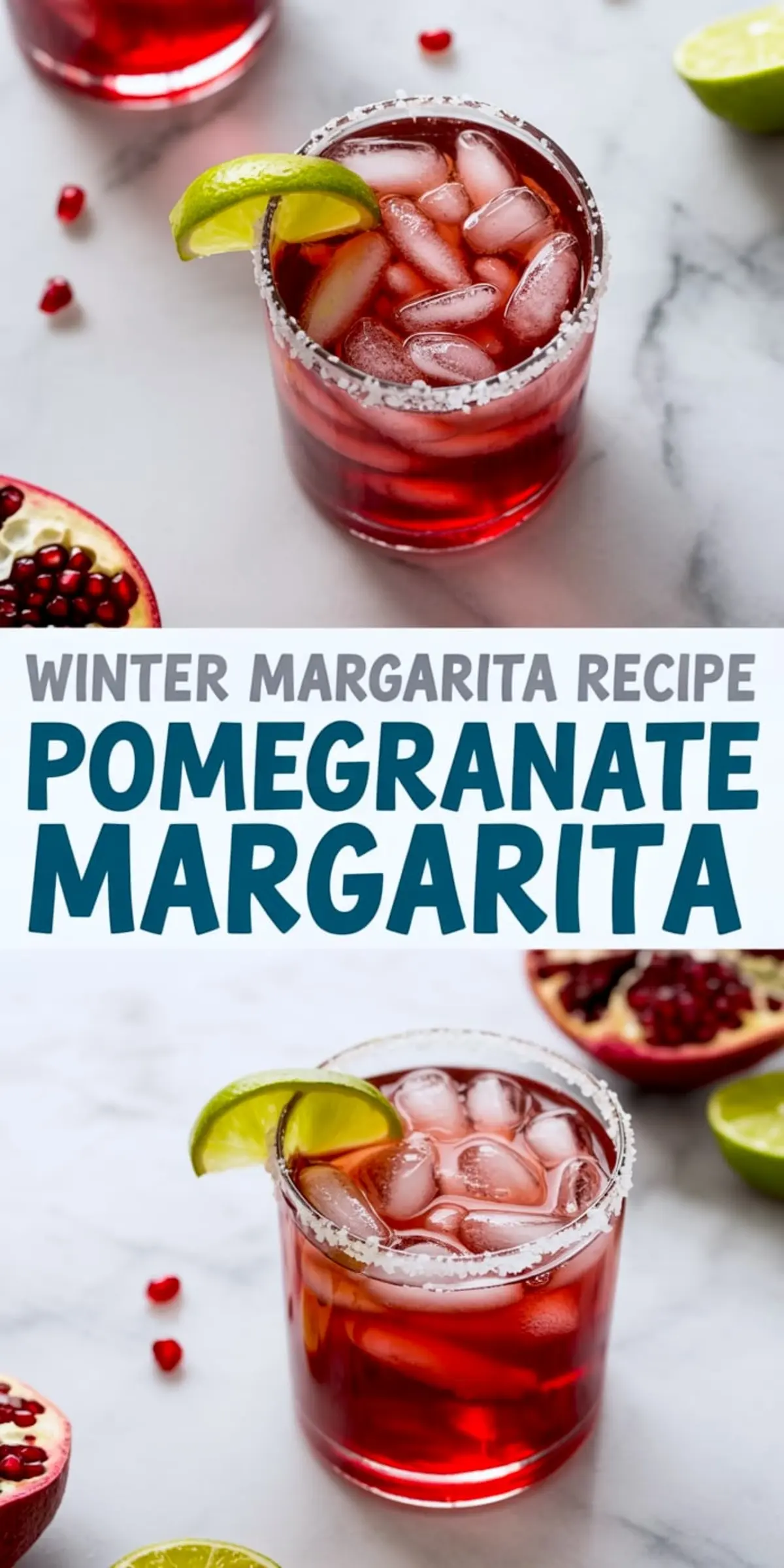 Overhead view of a pomegranate margarita served in a short glass with a salted rim, lime wedge garnish, and ice cubes, surrounded by scattered pomegranate seeds and halved limes on a marble surface.