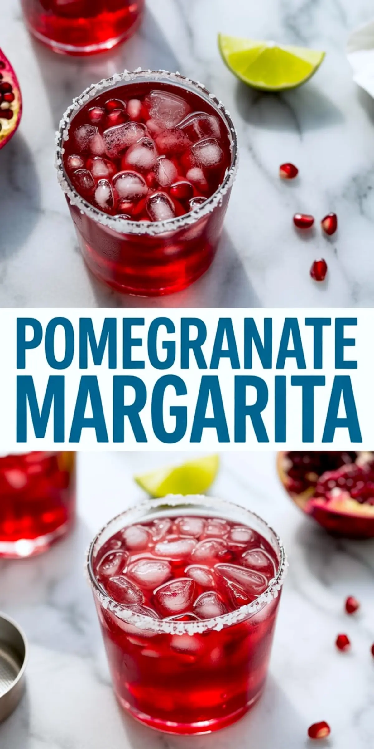 Pomegranate margarita served in a glass with a salted rim, filled with ice and pomegranate seeds, placed on a marble counter with lime wedges and pomegranate halves.