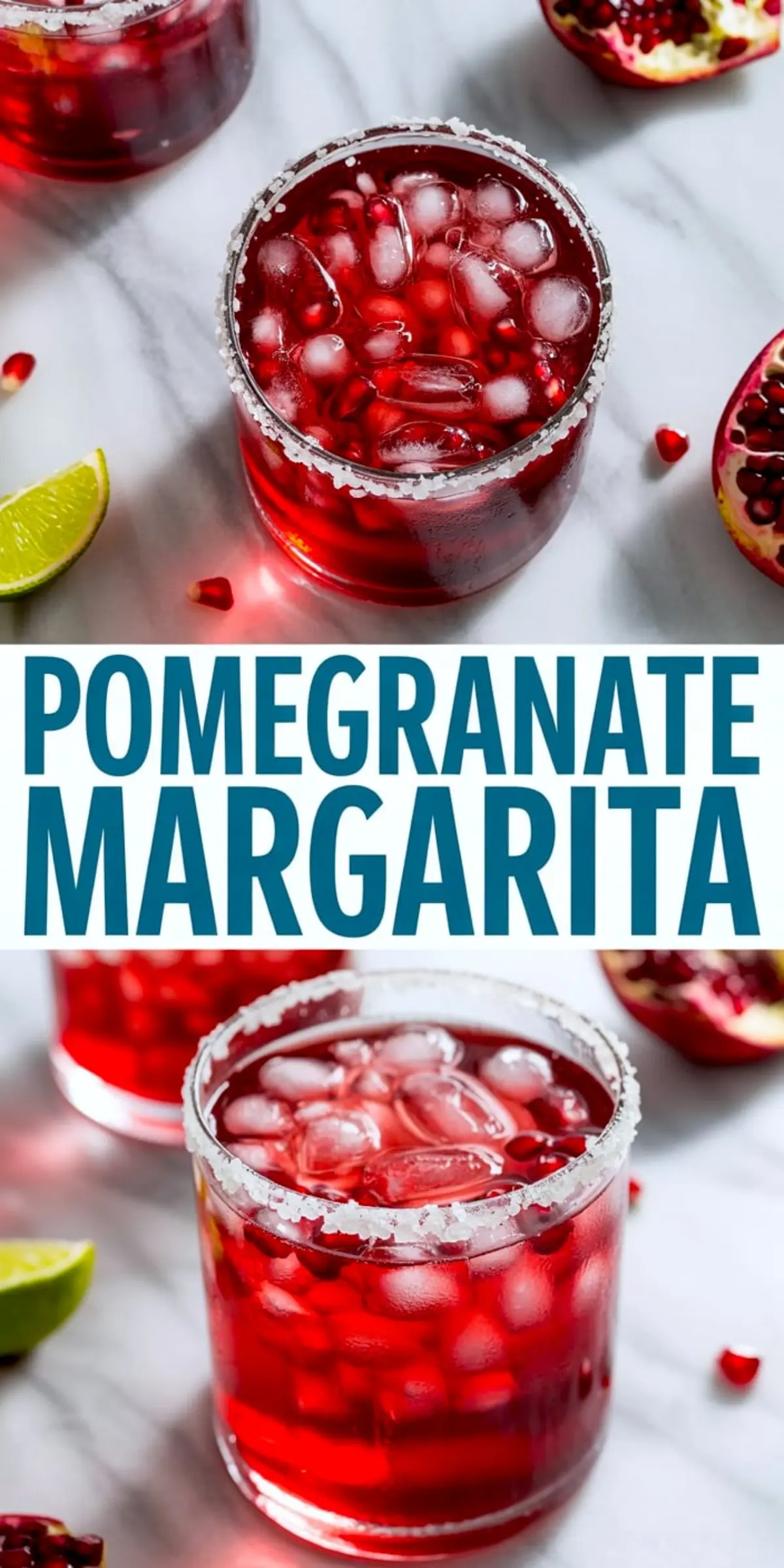 Overhead view of two pomegranate margaritas in salt-rimmed glasses, surrounded by pomegranate seeds and lime wedges on a white marble surface.