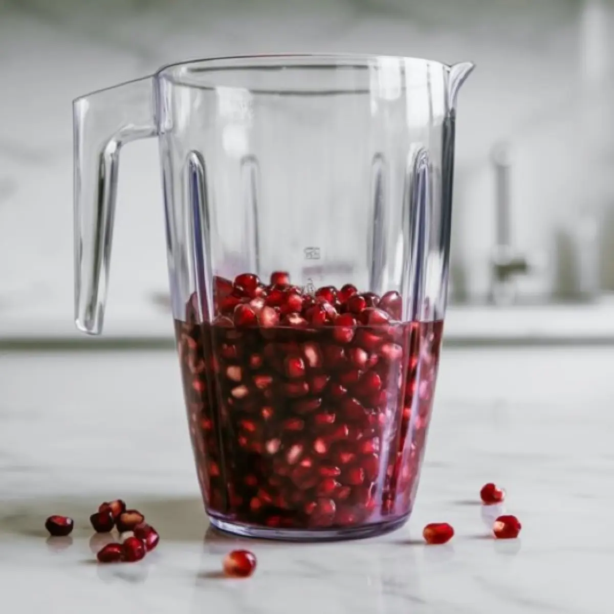 A blender pitcher filled with pomegranate seeds and juice, placed on a marble countertop, with loose arils scattered around the base.
