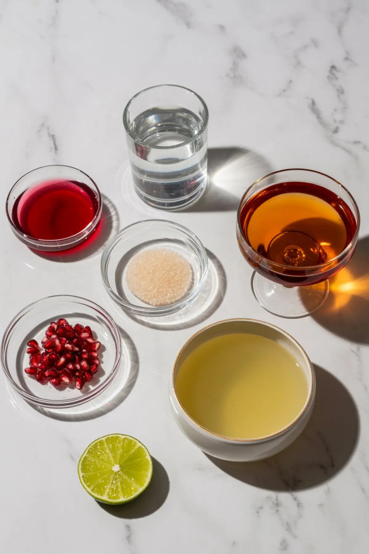Flat lay of pomegranate martini ingredients on a marble surface, including pomegranate juice, pomegranate arils, lime juice, simple syrup, vodka, and orange liqueur.
