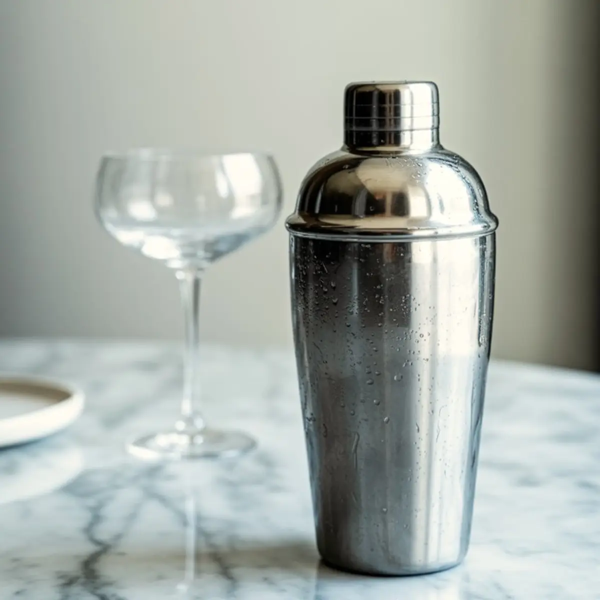 Stainless steel cocktail shaker with condensation on the surface, placed on a marble countertop next to an empty coupe glass in soft natural light.