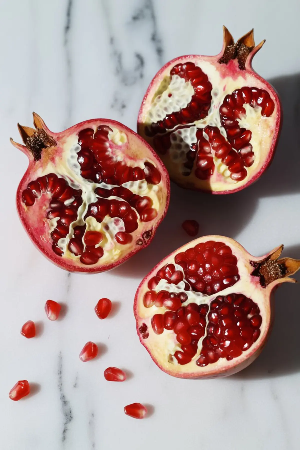 Three halved pomegranates with exposed ruby-red seeds on a white marble background, surrounded by loose arils for a vibrant fruit prep scene.
