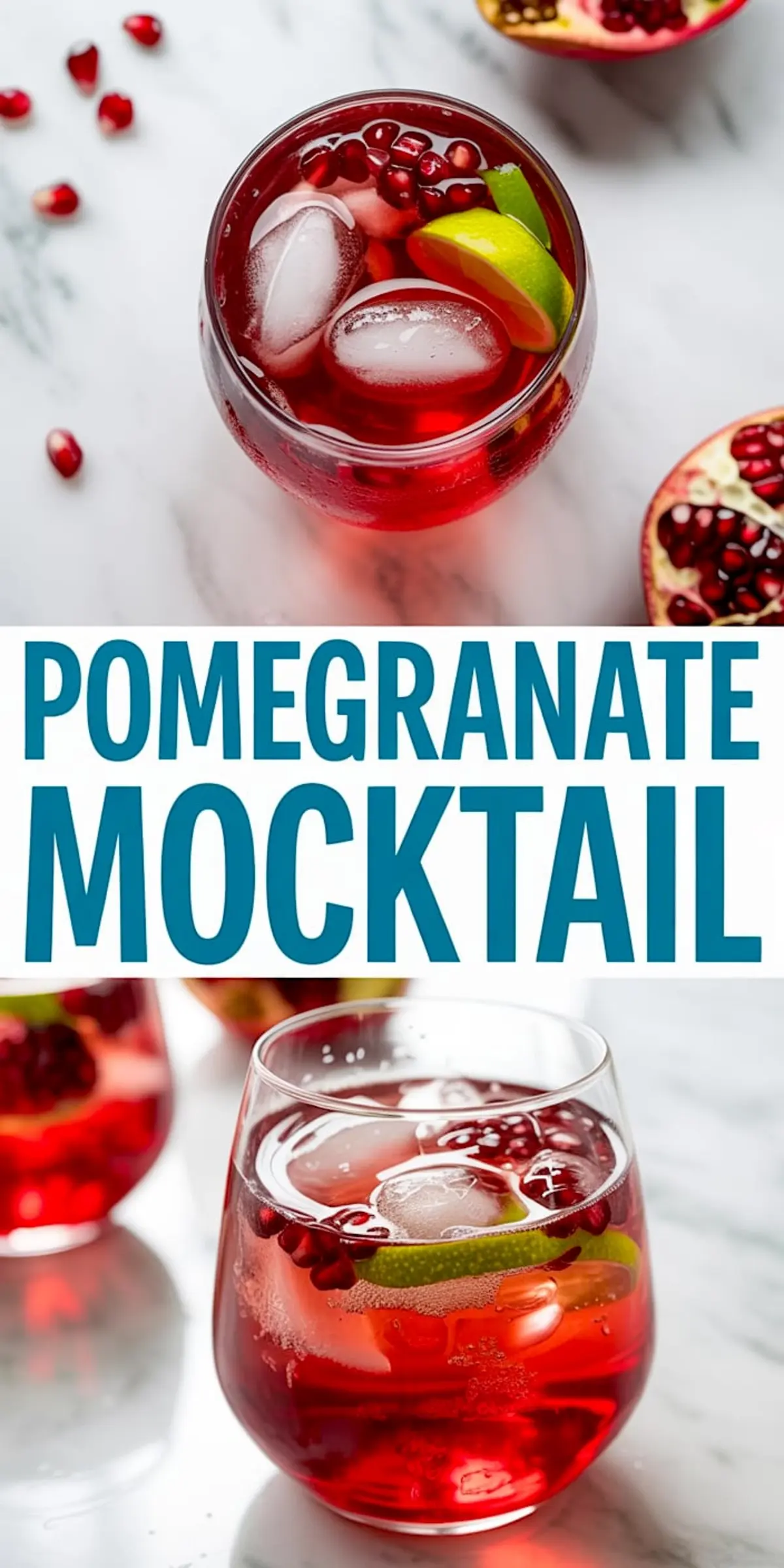 Stylish presentation of pomegranate mocktail with crushed ice, lime wheels, and floating pomegranate seeds, served on round white coasters with pomegranate halves and lime wedges for decoration.