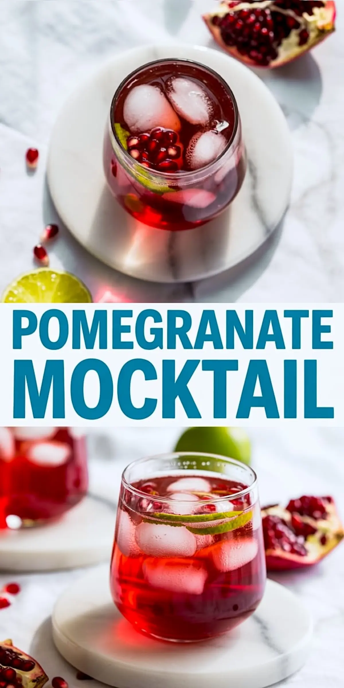 Two glasses of pomegranate mocktail with ice cubes, lime slices, and pomegranate arils, served in stemless wine glasses on a marble surface, with whole and halved pomegranates scattered nearby.