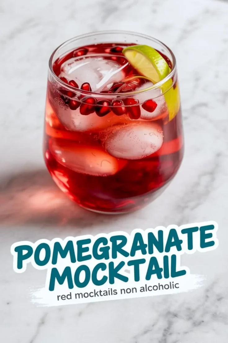Single glass of red pomegranate mocktail garnished with lime wedge and pomegranate seeds, placed on a white marble surface with a vibrant mocktail label overlay at the bottom.