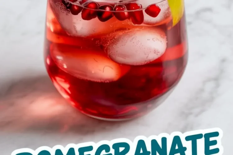Single glass of red pomegranate mocktail garnished with lime wedge and pomegranate seeds, placed on a white marble surface with a vibrant mocktail label overlay at the bottom.
