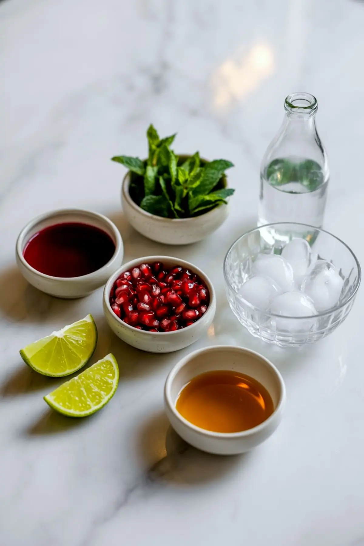 Flat lay of mocktail ingredients including fresh mint leaves, pomegranate seeds, lime wedges, pomegranate juice, honey, ice cubes, and a glass bottle of sparkling water arranged on a marble background.