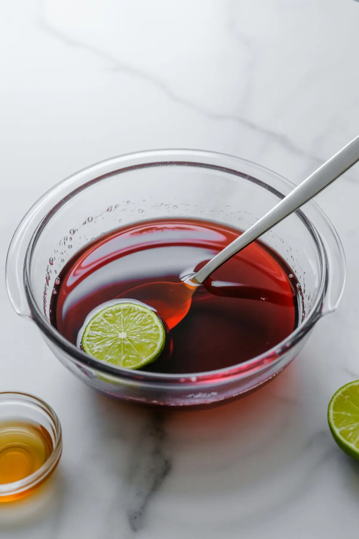 Glass mixing bowl filled with deep red pomegranate juice, lime slice floating on top, and a spoon resting inside, placed on a marble countertop next to a small bowl of honey and lime halves.