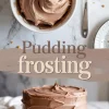 Three-part image showing a top-down view of chocolate pudding frosting in a bowl, a spatula with frosting, and a cake with thick, swirled frosting, with text that reads “Pudding Frosting.”