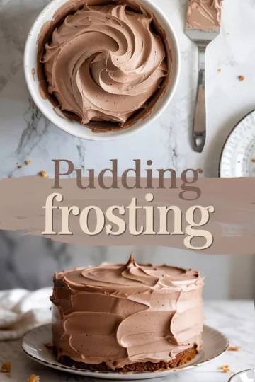 Three-part image showing a top-down view of chocolate pudding frosting in a bowl, a spatula with frosting, and a cake with thick, swirled frosting, with text that reads “Pudding Frosting.”