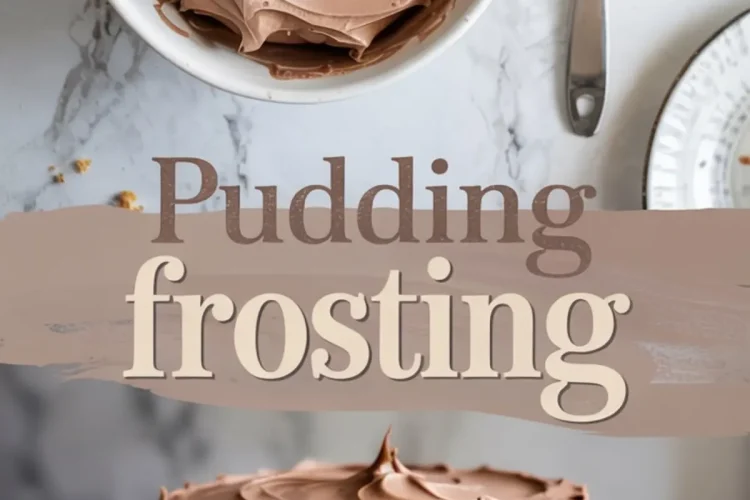 Three-part image showing a top-down view of chocolate pudding frosting in a bowl, a spatula with frosting, and a cake with thick, swirled frosting, with text that reads “Pudding Frosting.”