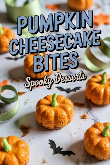 Mini pumpkin-shaped cheesecake bites styled as Halloween treats on a marble surface, surrounded by green ribbon curls, black paper bats, and orange maple leaf cutouts.