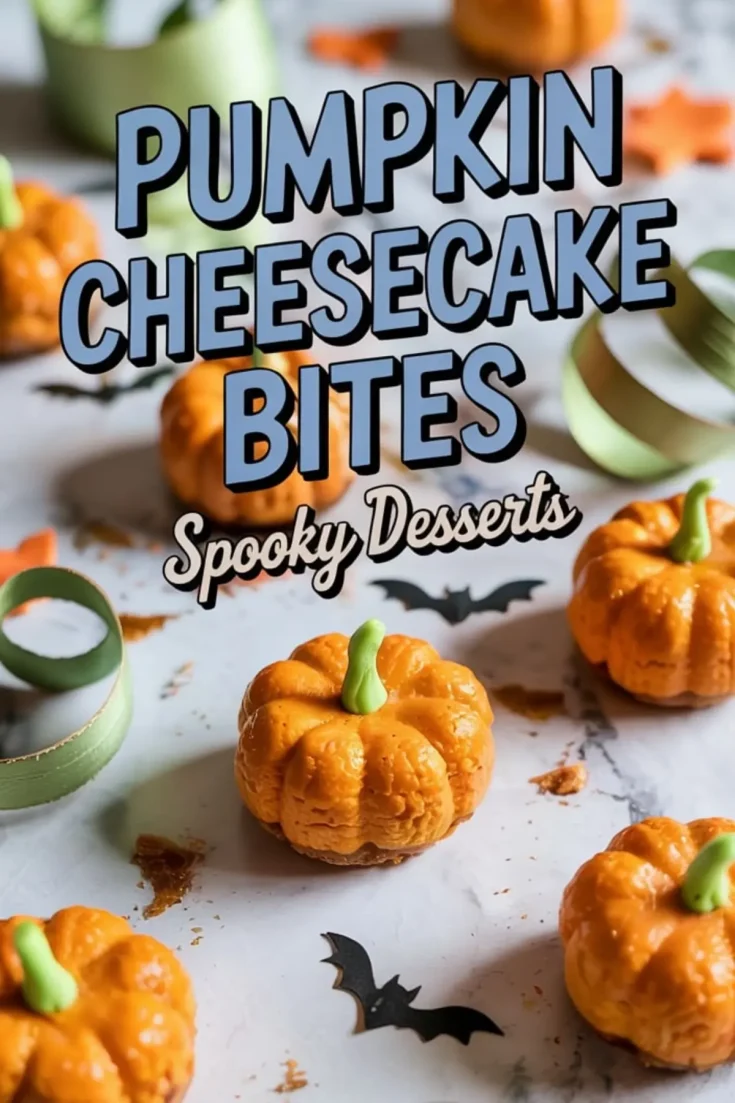 Mini pumpkin-shaped cheesecake bites styled as Halloween treats on a marble surface, surrounded by green ribbon curls, black paper bats, and orange maple leaf cutouts.
