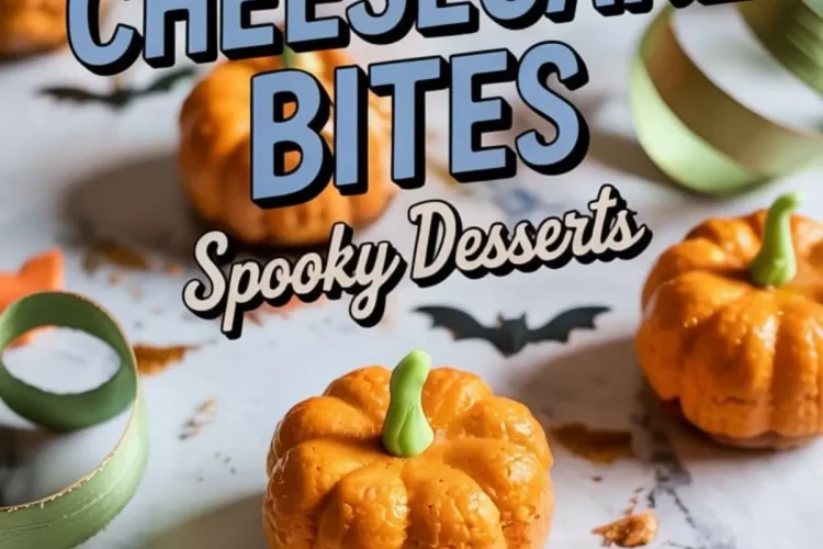 Mini pumpkin-shaped cheesecake bites styled as Halloween treats on a marble surface, surrounded by green ribbon curls, black paper bats, and orange maple leaf cutouts.