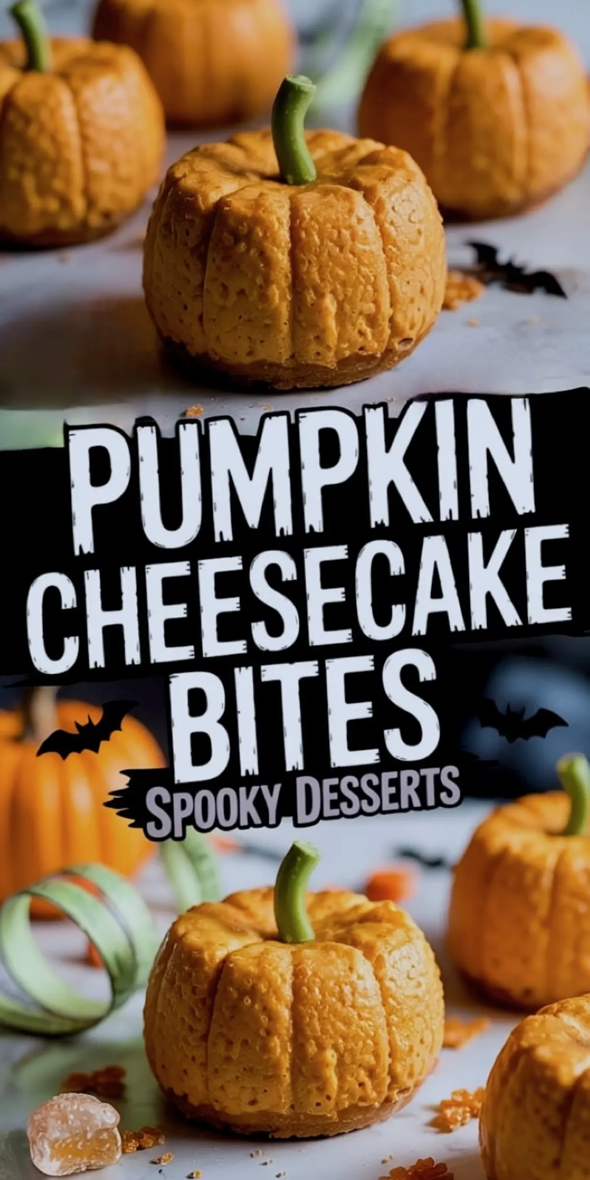 Two stacked views of pumpkin-shaped cheesecake bites with green candy stems, placed on parchment with Halloween bat confetti and green ribbons for a festive fall dessert presentation.