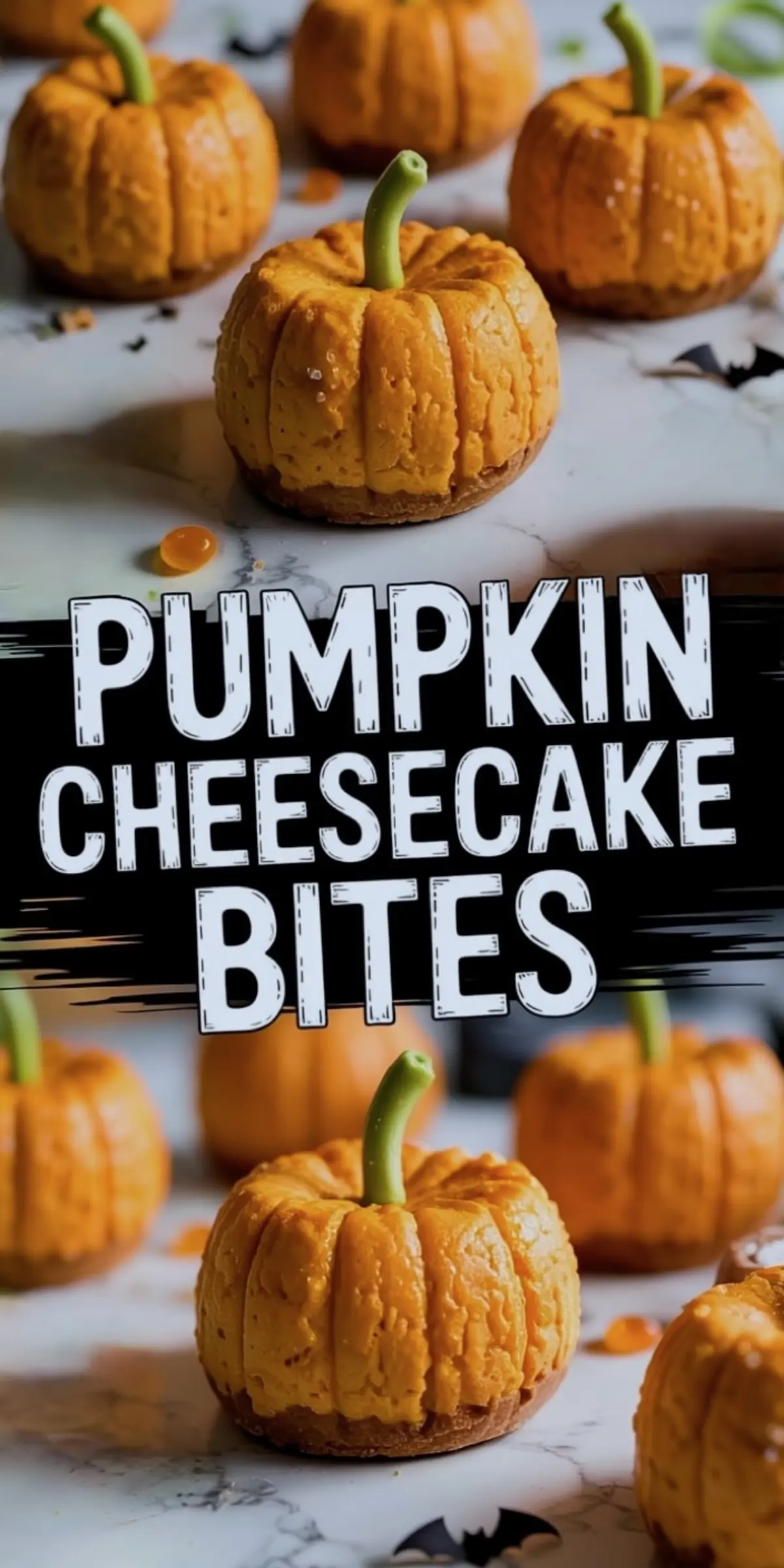 Pumpkin cheesecake bites shown from top and bottom angles, with a cookie crust base and orange filling sculpted into realistic pumpkin shapes, styled with spooky paper bats and autumnal props.