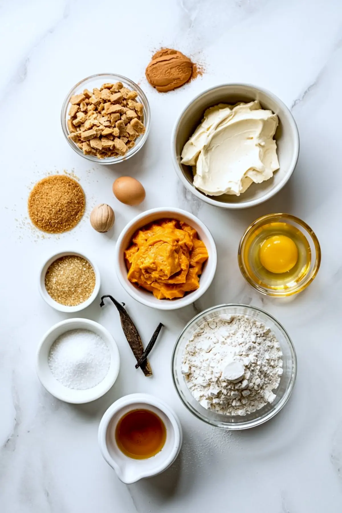 Flat lay of baking ingredients for pumpkin cheesecake, including pumpkin purée, cream cheese, flour, eggs, brown sugar, white sugar, cinnamon, nutmeg, vanilla beans, and vanilla extract on a white background.