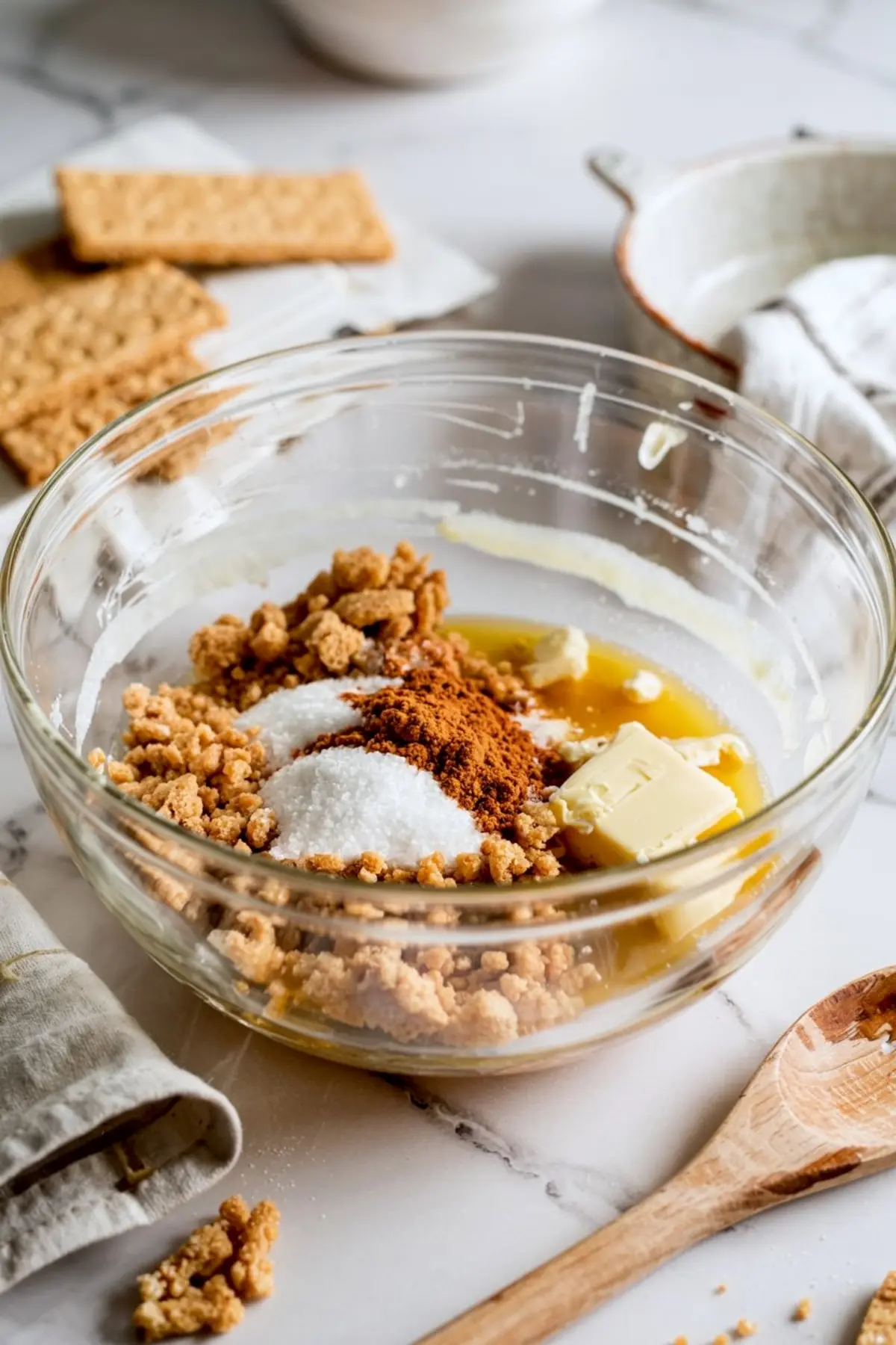 Glass mixing bowl filled with crushed graham crackers, granulated sugar, cinnamon, and melted butter, sitting on a white kitchen counter next to whole graham crackers and a wooden spoon.